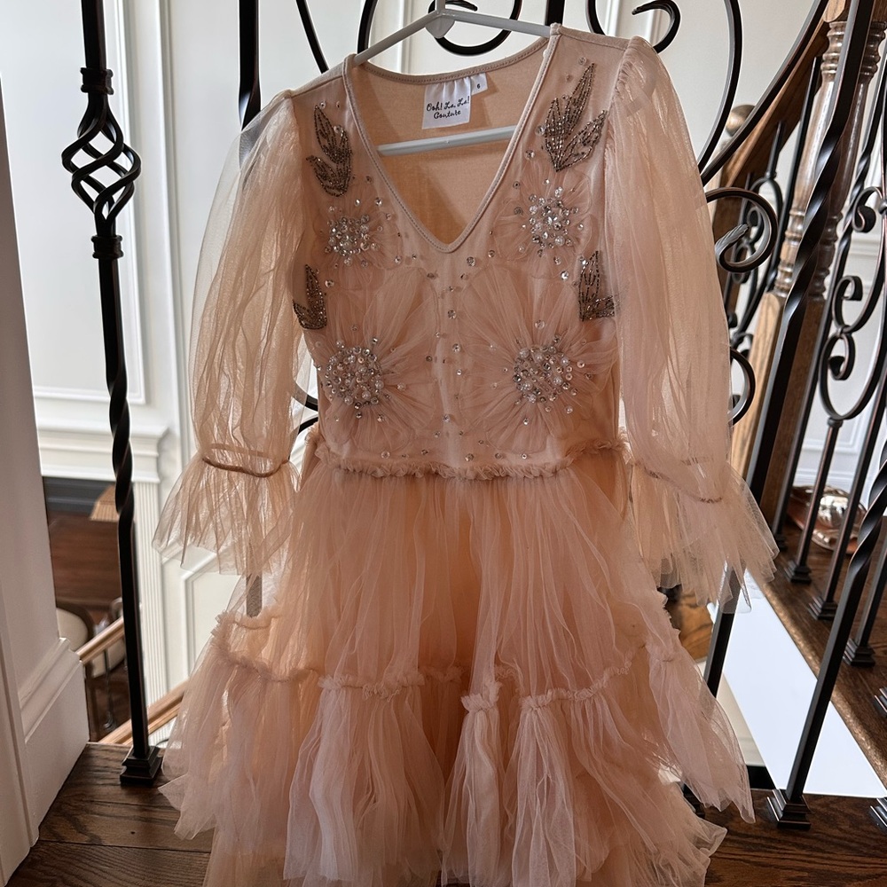 Ooh! La, La! Couture Blush-Beige Embellished V-Neck Dress